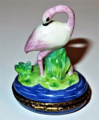 LIMOGES FRANCE BOX - PV - PINK FLAMINGO - GRASS & WATER & 3 DIMENSIONAL REEDS