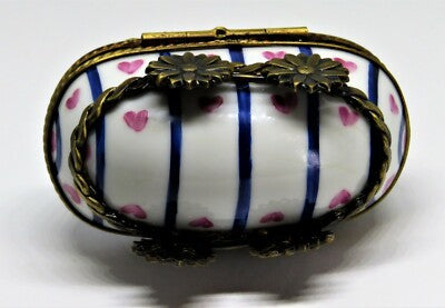 LIMOGES BOX~ BABY IN PINK & BLUE CARRIAGE ~ PRAM ~ BOTTLE INSIDE ~ PEINT MAIN