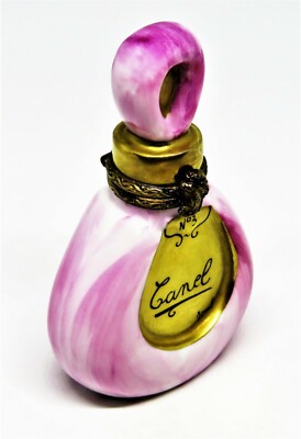 LIMOGES FRANCE BOX - ELDA - PINK & GOLD PERFUME BOTTLE - LADY'S HEAD CLASP