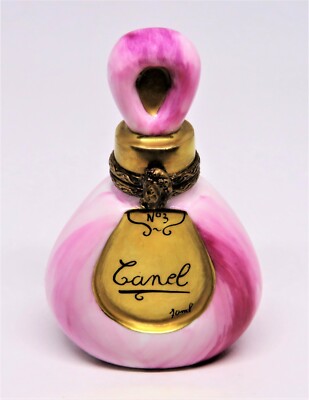 LIMOGES FRANCE BOX - ELDA - PINK & GOLD PERFUME BOTTLE - LADY'S HEAD CLASP