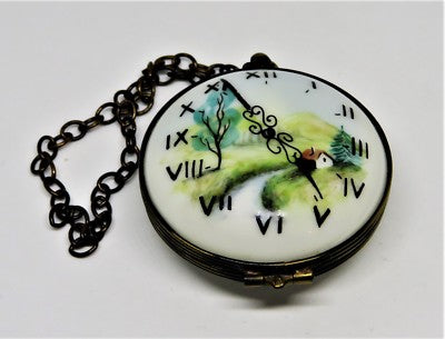 LIMOGES FRANCE BOX- ROCHARD -ANTIQUE POCKET WATCH & CHAIN- RURAL LANDSCAPE SCENE