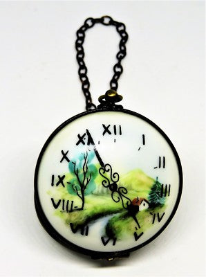 LIMOGES FRANCE BOX- ROCHARD -ANTIQUE POCKET WATCH & CHAIN- RURAL LANDSCAPE SCENE