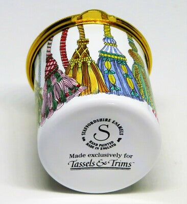 STAFFORDSHIRE ENGLISH ENAMEL STAMP  BOX - COLORFUL BRAIDED TASSELS