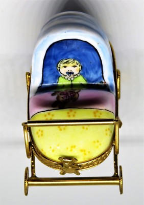 LIMOGES FRANCE BOX - BABY CARRIAGE - BABY & PACIFIER - TEDDY BEAR CLASP - PRAM