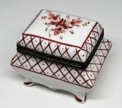 LIMOGES FRANCE BOX- PARRY-VIEILLE -VINTAGE BROWN FLORAL CHEST- LATTICE & SCROLLS