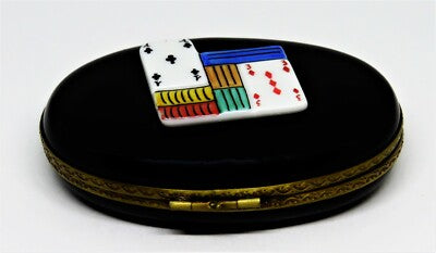 LIMOGES BOX~ POKER ~ DICE & PLAYING CARDS & CHIPS ~ GAMING ~GAMBLING~ PEINT MAIN
