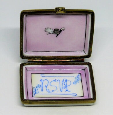 LIMOGES FRANCE BOX - WEDDING  INVITATION - RSVP CARD -TOP HAT & GLOVES- FLOWERS