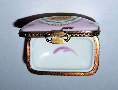 LIMOGES FRANCE BOX - TINY RECTANGLE - PINK ROSE & GOLD FEATHERS - FLOWERS - "MC"