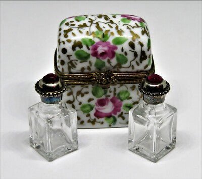 LIMOGES FRANCE BOX - FLORAL PERFUME CHEST & 2 BOTTLES - PINK ROSES & GOLD VINES