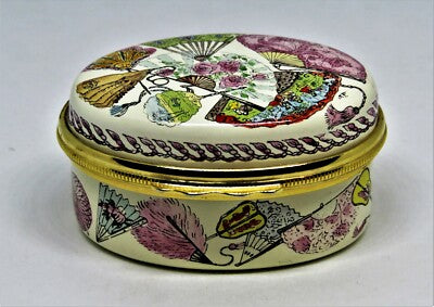HALCYON DAYS ENGLISH ENAMEL BOX - ASIAN FANS - FLOWERS & FEATHERS - TASSELS