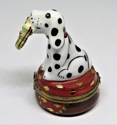 LIMOGES FRANCE BOX - LAGLORIETTE - DALMATIAN DOG & PLAID SLIPPERS - PUPPY