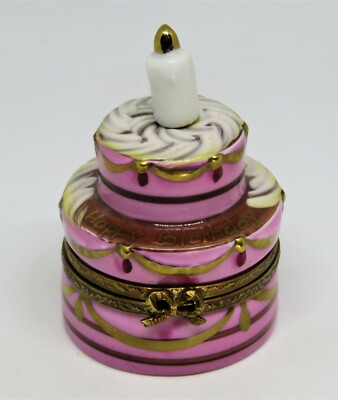 LIMOGES BOX ~ HAPPY BIRTHDAY CAKE & CANDLE & 3D GIFT ~ CHOCOLATE & STRAWBERRY