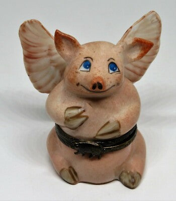 LIMOGES FRANCE BOX - ANGEL PIG - PINK PIG & WINGS - "WHEN PIGS FLY" - FLYING PIG