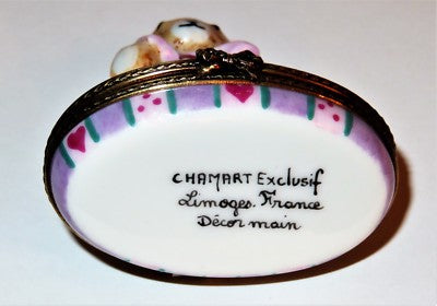 LIMOGES FRANCE BOX- CHAMART - "FIRST TOOTH" TEDDY BEAR -BOW & HEARTS- BABY TEETH