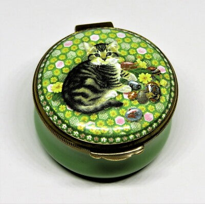 CRUMMLES ENGLISH ENAMEL BOX - KITTEN & FLOWERS & EASTER EGGS - LESLEY ANNE IVORY