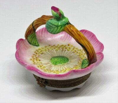 LIMOGES FRANCE BOX - PARRY-VIEILLE -  ROSE FLOWER BASKET & PORCELAIN HANDLE