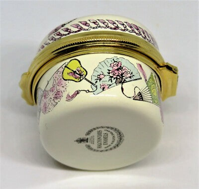 HALCYON DAYS ENGLISH ENAMEL BOX - ASIAN FANS - FLOWERS & FEATHERS - TASSELS