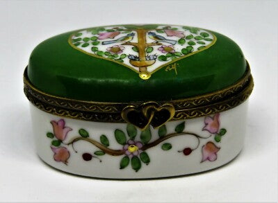 LIMOGES FRANCE BOX - EXIMIOUS -GREEN OVAL FLORAL- HEART & BIRDS & NEST & FLOWERS