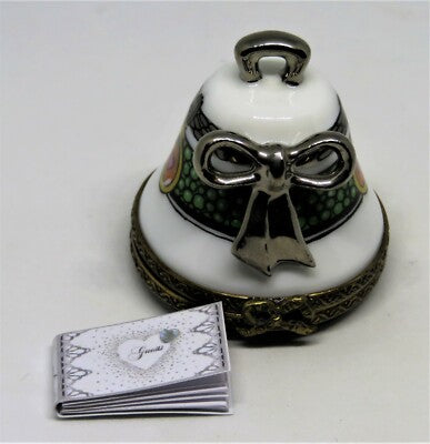 LIMOGES FRANCE BOX- CHAMART - WEDDING BELL & 3D PLATINUM BOW -HEARTS- GUEST BOOK