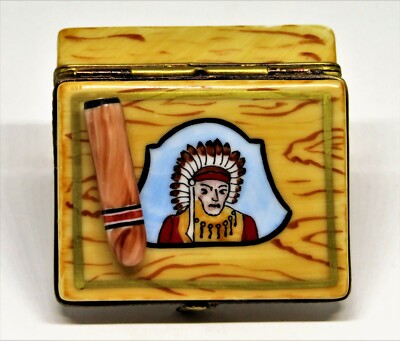 LIMOGES FRANCE BOX - WOODEN CIGAR BOX & 5 CIGARS - FEATHERED HEADDRESS - LE