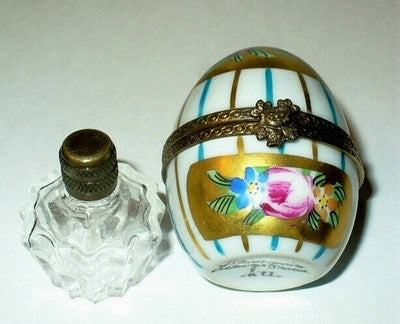 LIMOGES FRANCE BOX ~ FLORAL EGG & PERFUME BOTTLE ~ FLOWERS & STRIPES ~ ROSES