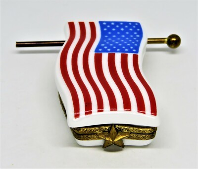 LIMOGES BOX- U. S. FLAG & POLE - STARS & STRIPES - "GOD BLESS AMERICA" -JULY 4TH
