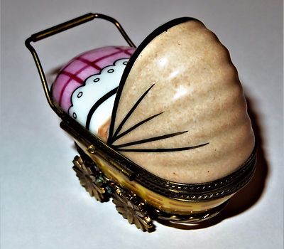 LIMOGES FRANCE BOX- ROCHARD - WICKER BABY CARRIAGE & PINK BLANKET & BOTTLE -GIRL