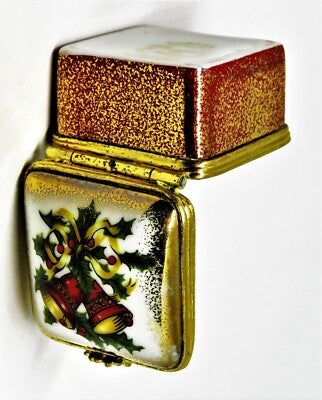 LIMOGES FRANCE BOX ~ CHRISTMAS ~ DUBARRY FLORAL ~ BELLS & HOLLY & RIBBONS