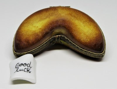 LIMOGES FRANCE BOX ~ CHINESE FORTUNE COOKIE &  "GOOD LUCK" FORTUNE ~ PEINT MAIN