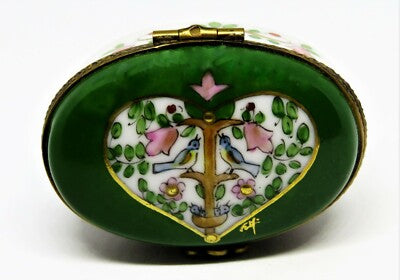 LIMOGES FRANCE BOX - EXIMIOUS -GREEN OVAL FLORAL- HEART & BIRDS & NEST & FLOWERS