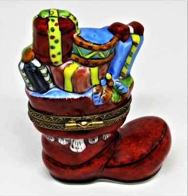 LIMOGES FRANCE BOX- CHRISTMAS - SANTA CLAUS BOOT - HOLLY & PRESENTS & A TOY DRUM