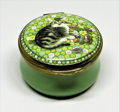 CRUMMLES ENGLISH ENAMEL BOX - KITTEN & FLOWERS & EASTER EGGS - LESLEY ANNE IVORY