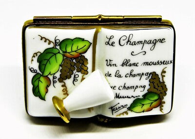 LIMOGES FRANCE BOX ~ RIBIERRE ~ BOOK OF CHAMPAGNE & FLUTE ~ GRAPES ~ PEINT MAIN