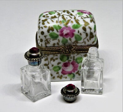 LIMOGES FRANCE BOX - FLORAL PERFUME CHEST & 2 BOTTLES - PINK ROSES & GOLD VINES