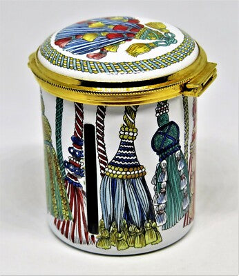 STAFFORDSHIRE ENGLISH ENAMEL STAMP  BOX - COLORFUL BRAIDED TASSELS