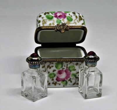 LIMOGES FRANCE BOX - FLORAL PERFUME CHEST & 2 BOTTLES - PINK ROSES & GOLD VINES