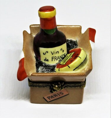 LIMOGES FRANCE BOX - CRATE WITH WINE & CHEESE - "PARIS" & "CALIFORNIA" LABELS