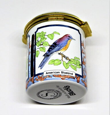 STAFFORDSHIRE ENGLISH ENAMEL STAMP BOX - BIRDS & BERMUDA FLOWERS - BLUEBIRD