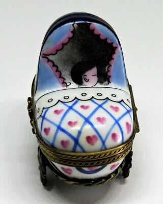 LIMOGES BOX~ BABY IN PINK & BLUE CARRIAGE ~ PRAM ~ BOTTLE INSIDE ~ PEINT MAIN