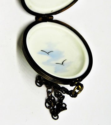 LIMOGES FRANCE BOX- ROCHARD -ANTIQUE POCKET WATCH & CHAIN- RURAL LANDSCAPE SCENE
