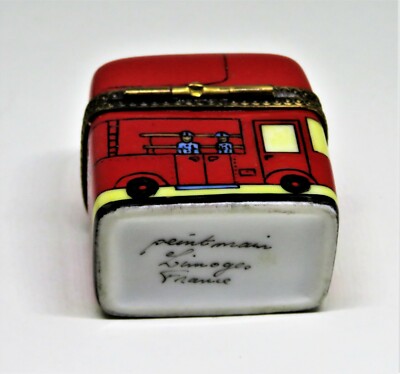 LIMOGES FRANCE BOX - RED FIRE ENGINE - FIRE TRUCK - LADDERS & HOSES - FIREMEN