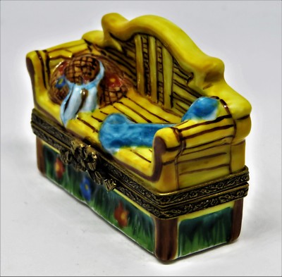 LIMOGES FRANCE BOX- PIERRE ARQUIE - GARDEN OR PARK BENCH - HAT & SHAWL - FLOWERS