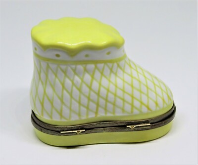 LIMOGES FRANCE BOX ~ YELLOW BABY BOOTEE & REMOVABLE BOTTLE ~ SHOE ~ PEINT MAIN