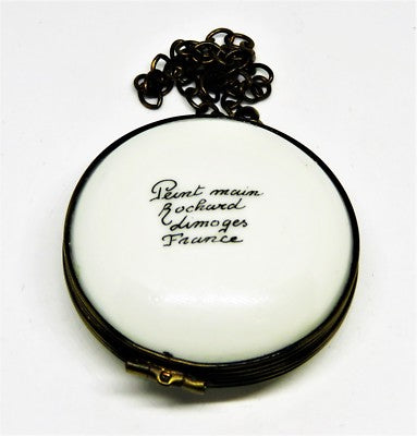 LIMOGES FRANCE BOX- ROCHARD -ANTIQUE POCKET WATCH & CHAIN- RURAL LANDSCAPE SCENE