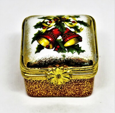 LIMOGES FRANCE BOX ~ CHRISTMAS ~ DUBARRY FLORAL ~ BELLS & HOLLY & RIBBONS