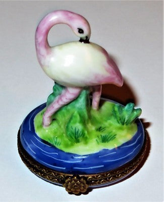 LIMOGES FRANCE BOX - PV - PINK FLAMINGO - GRASS & WATER & 3 DIMENSIONAL REEDS