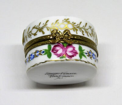 LIMOGES BOX ~ FLORAL HAT BOX & SPRING BONNET ~ FLOWERS ~ PINK ROSES ~ PEINT MAIN