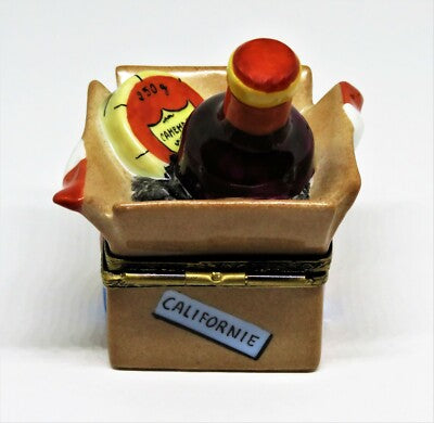 LIMOGES FRANCE BOX - CRATE WITH WINE & CHEESE - "PARIS" & "CALIFORNIA" LABELS
