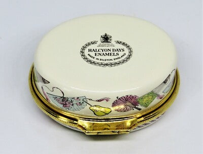 HALCYON DAYS ENGLISH ENAMEL BOX - ASIAN FANS - FLOWERS & FEATHERS - TASSELS