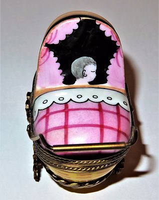 LIMOGES FRANCE BOX- ROCHARD - WICKER BABY CARRIAGE & PINK BLANKET & BOTTLE -GIRL